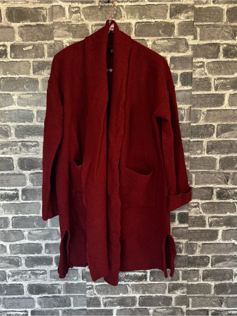 Eileen Fisher cardigan jacket dark red 100% wool pockets